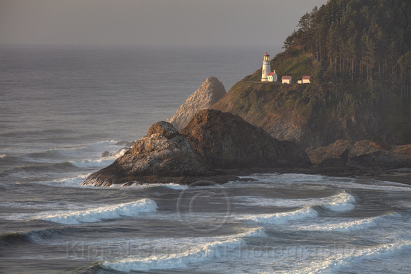 Heceta Head Lighthouse and Waves at Sunset